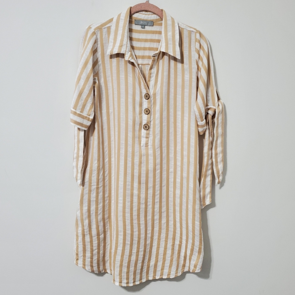 J. Gee Vertical Striped Shirt Tunic Dress Tan White Small